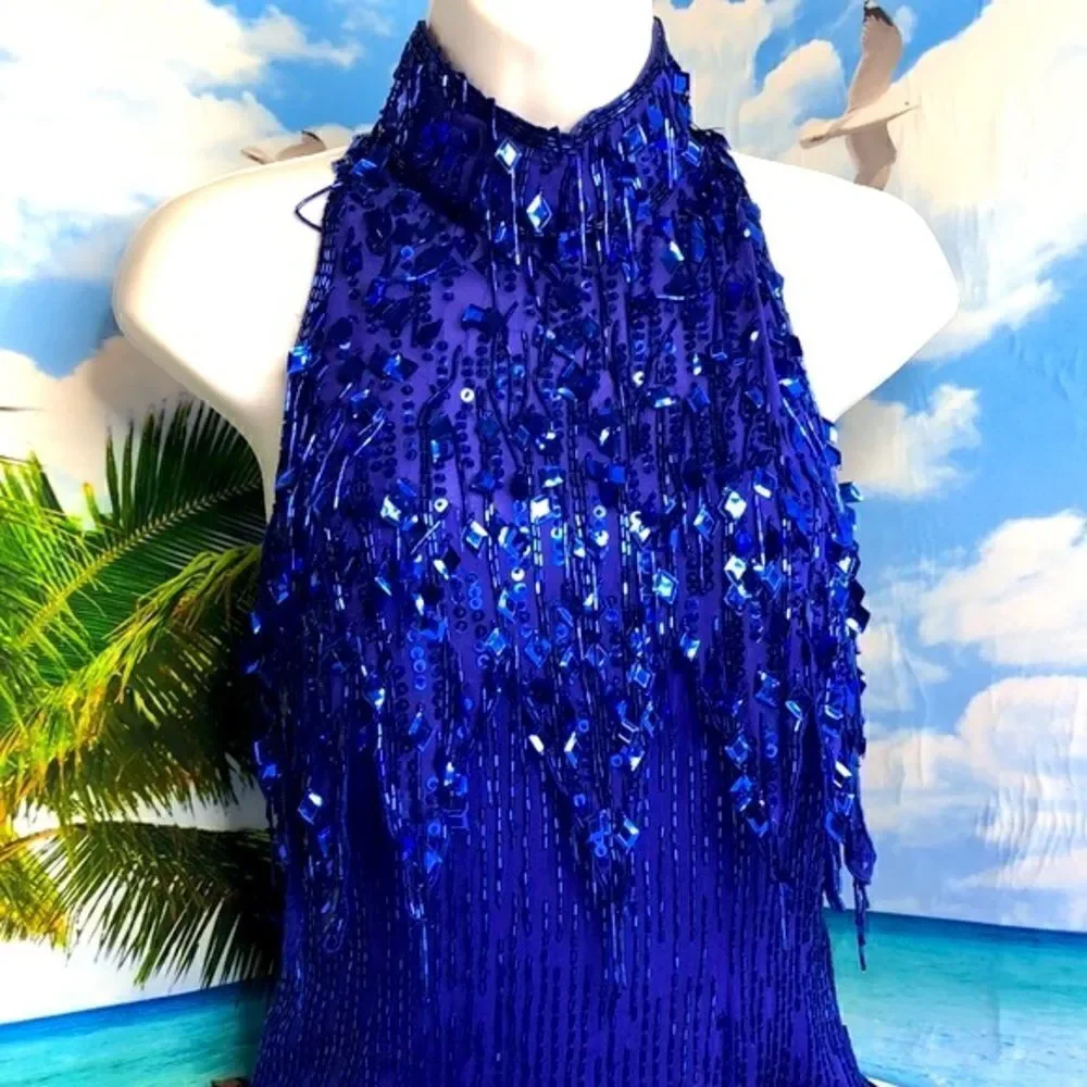NiteLine by Della Roufogali Blue Silk Beaded Evening Gown Vintage Formal Dress 6